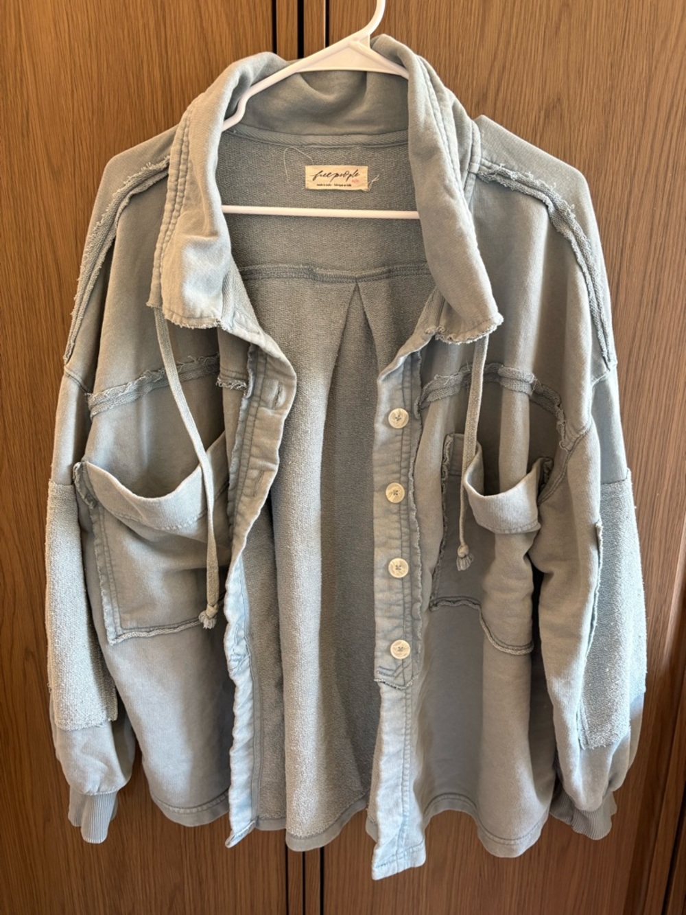Free People Soft Washed Light Blue Button Front Shacket